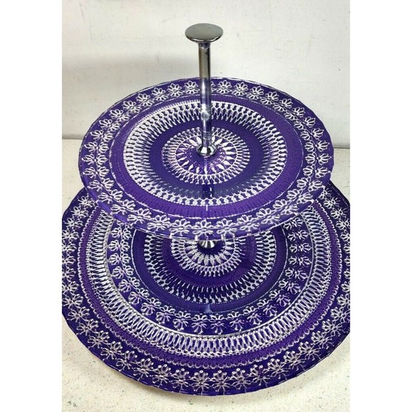 Argent Handmade Purple Silver Glass 2 Tier Serving Tray Stand Made in Turkey - Picture 5 of 15